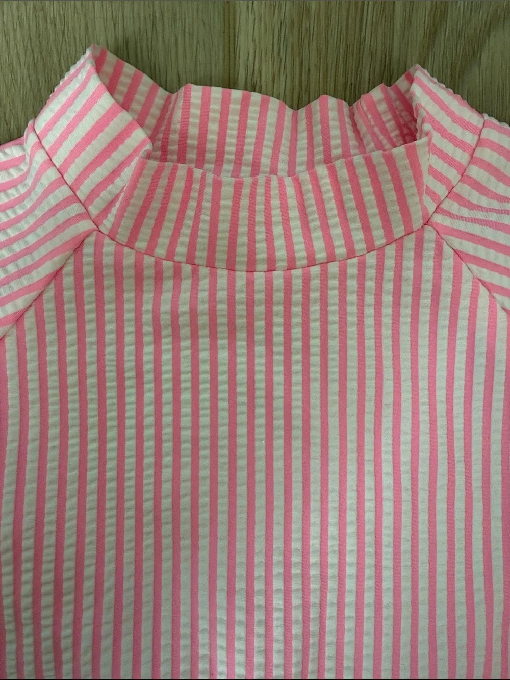 RuffleButts Neon Pink & White Striped Seersucker Rash Guard Swim Set 18-24M
